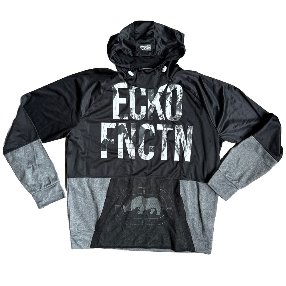 ECKO FUNCTION Mens Hoodie Black Gray Rhino Logo Pullover Size 2XL Streetwear Y2K